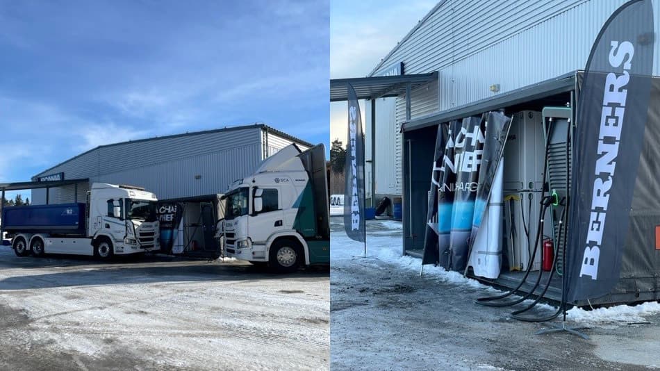 Kunder fick provköra Scania BEV 25P lastväxlare och världens första eltimmerbil. På bilden syns även Scanias mobila laddstation uppställd hos Berners Tunga Fordon i Sollefteå.